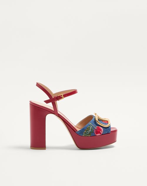 Valentino Garavani - Vlogo Signature Platform Denim Sandal With Cherryfic Embroidery 115mm - Denim/multicolour - Woman - Sandals